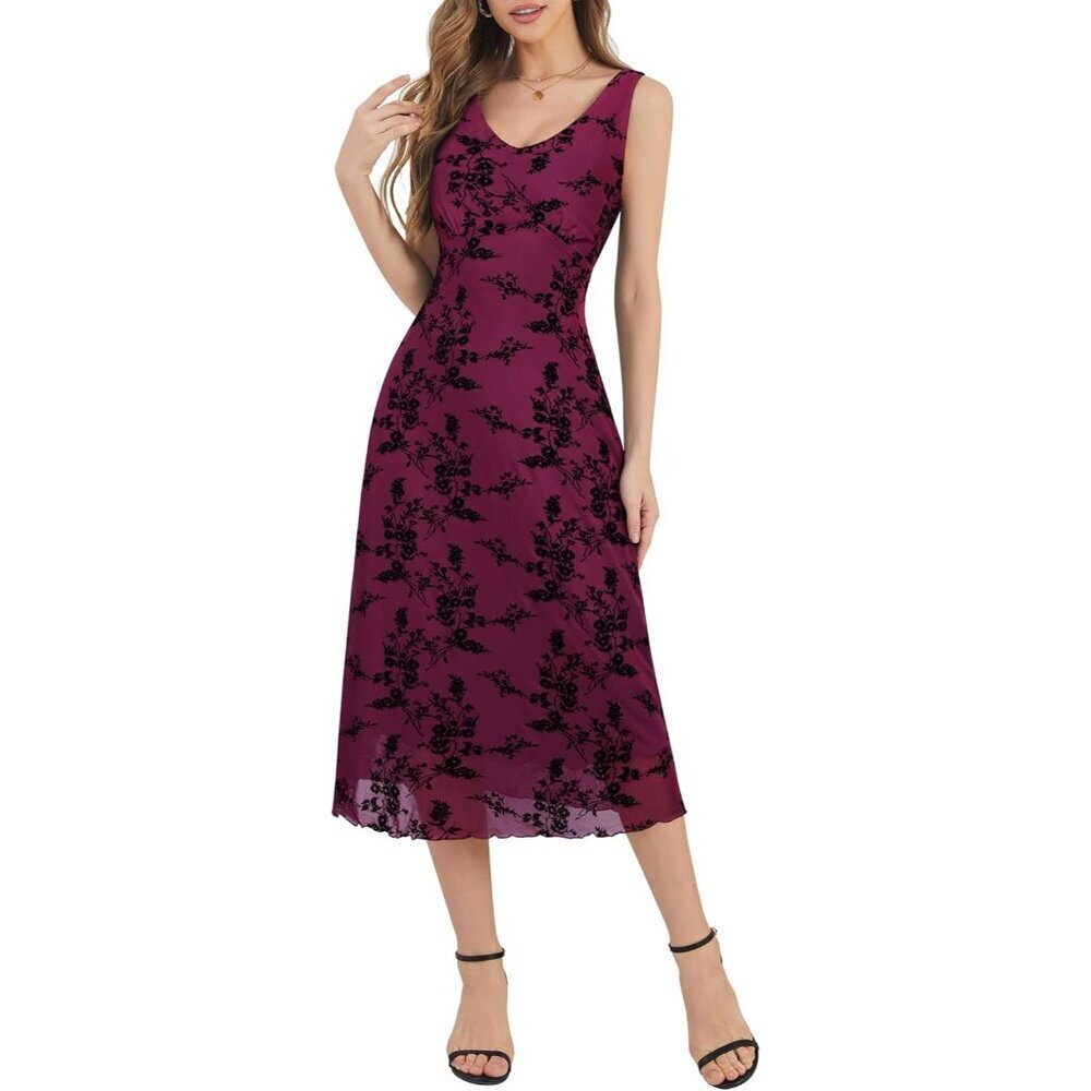 Women's Magenta V Neck Sleeveless Mesh Maxi Dress Casual Elegant Long Floral - Picture 3 of 5